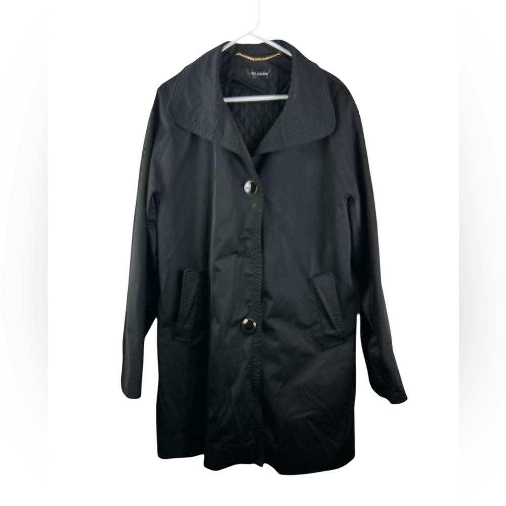 St. John Black Trench Coat with Oversized Collar and lining